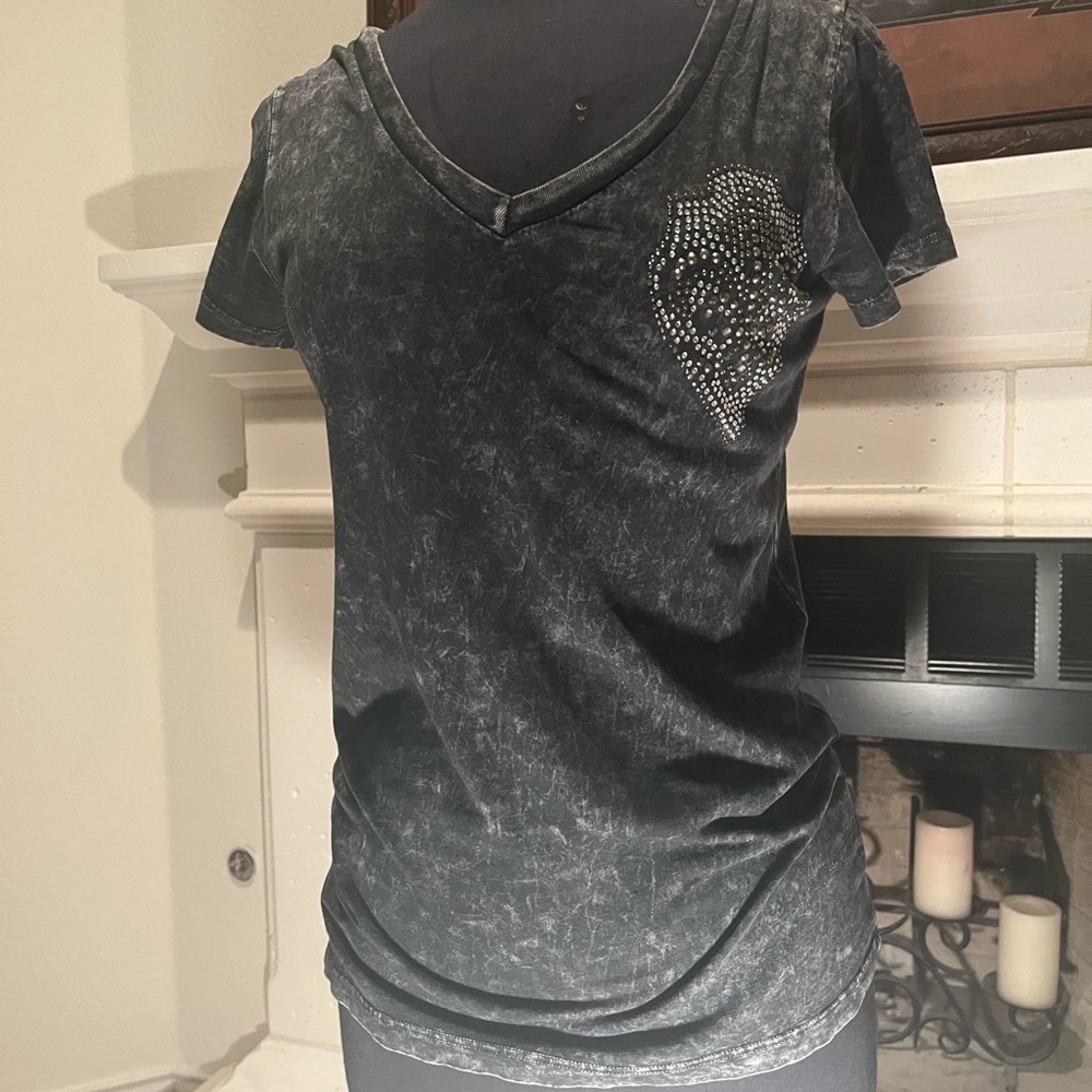 Black and grey T with rhinestones and laced angel